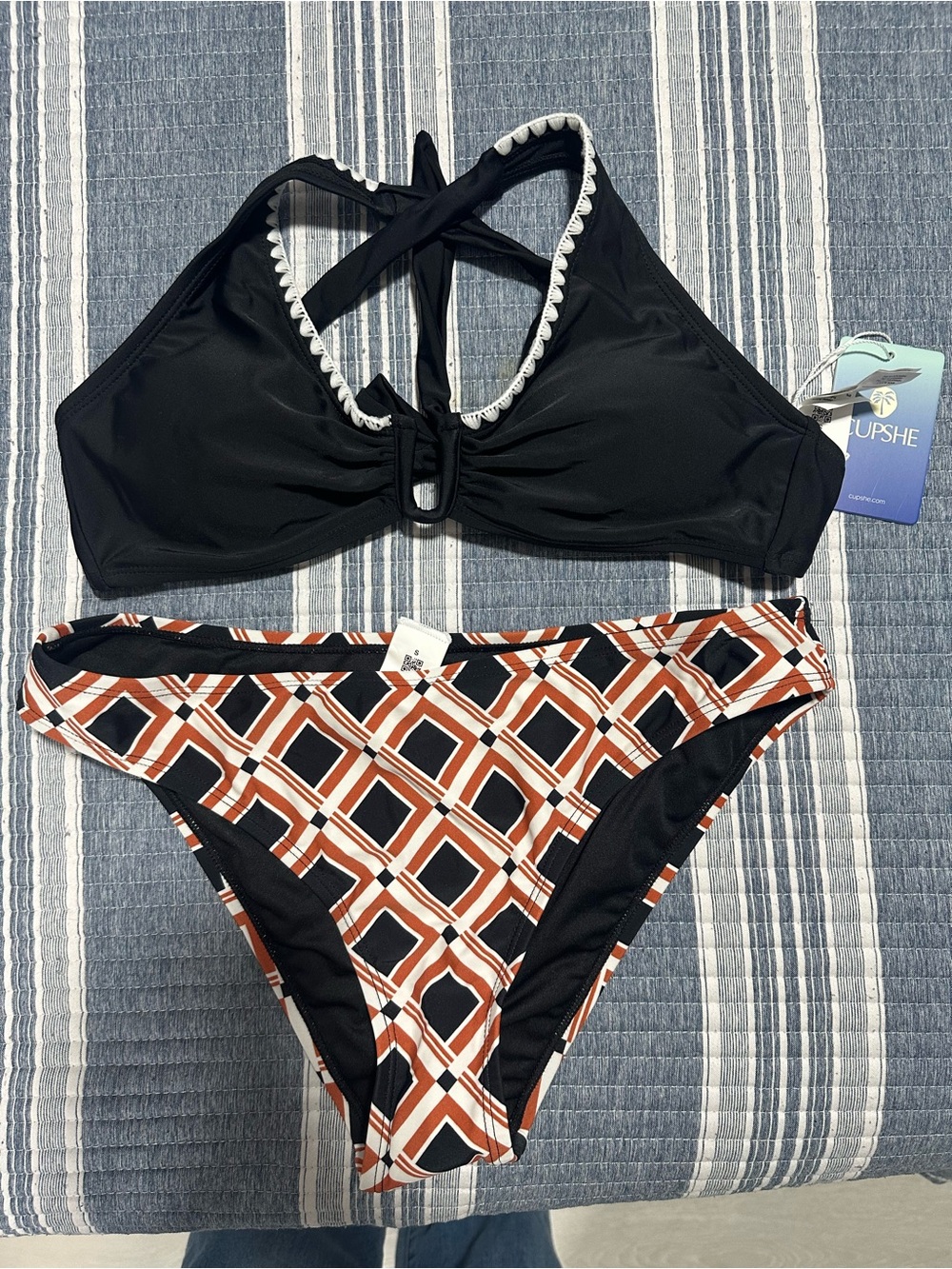 Cupshe Black Bikini Top with Rust & White Geometric Print Bottoms